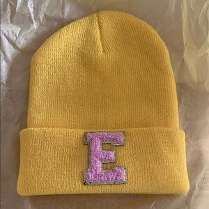 Yellow Knit Beanie with Pink Letter E Patch
